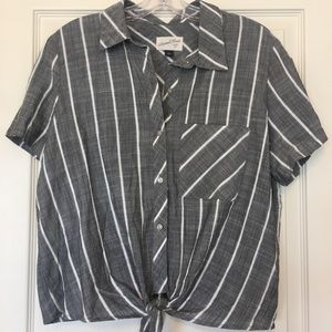 Button up gray and white striped blouse